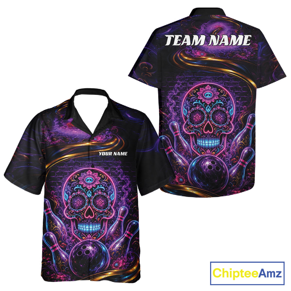 Personalized Purple And Blue Sugar Skull Halloween Bowling Team Men And Women Button Up Shirt IPHW11963