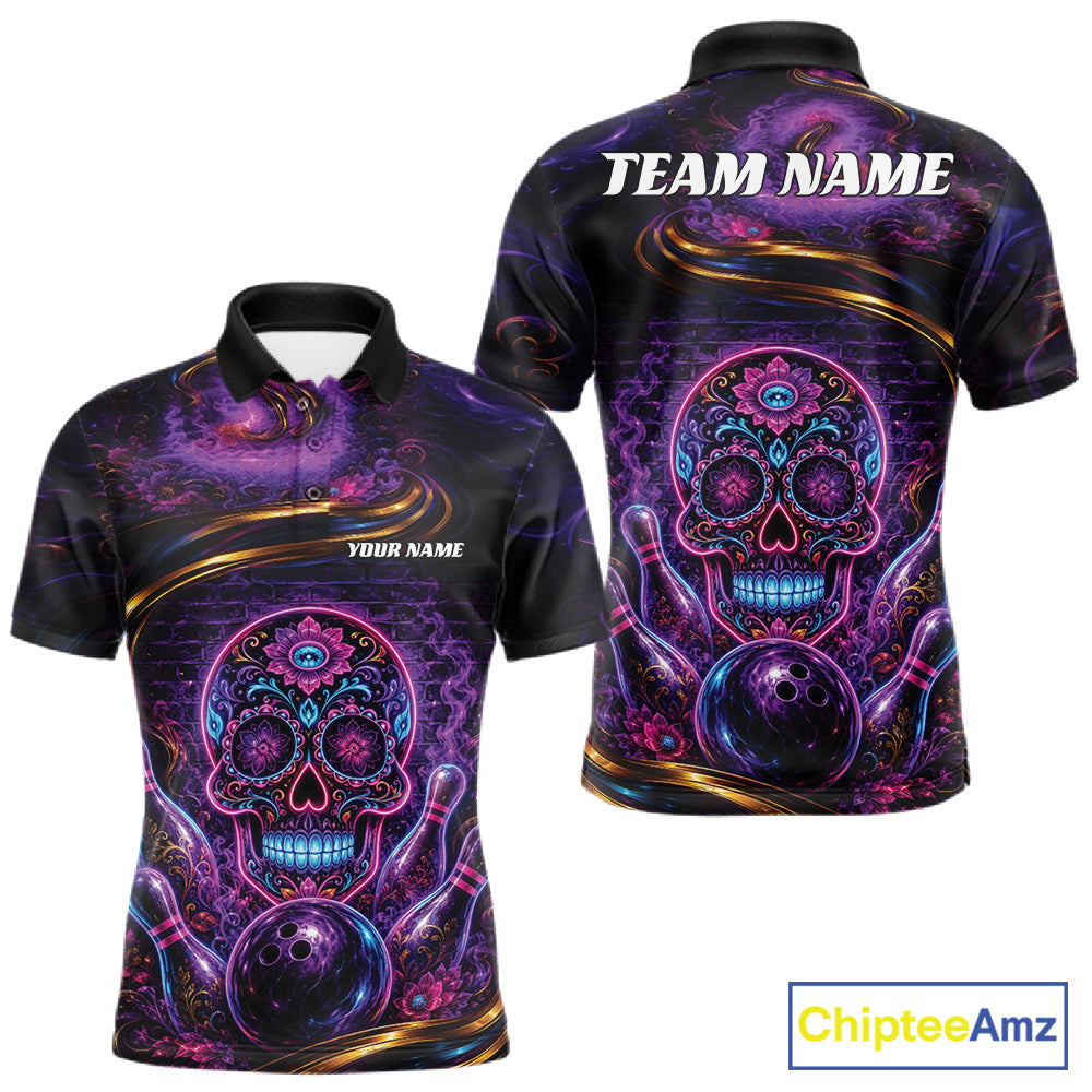Personalized Purple And Blue Sugar Skull Halloween Bowling Team Men Polo Shirt IPHW11963