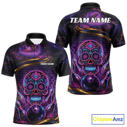 Personalized Purple And Blue Sugar Skull Halloween Bowling Team Men Polo Shirt IPHW11963