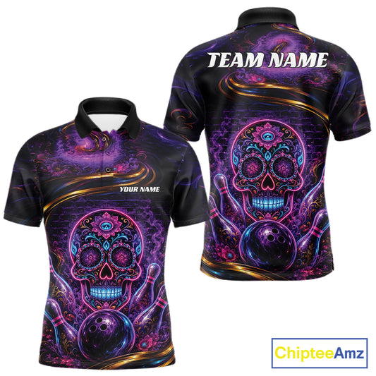 Personalized Purple And Blue Sugar Skull Halloween Bowling Team Men Polo Shirt IPHW11963