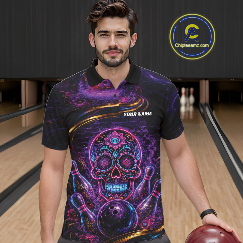 Personalized Purple And Blue Sugar Skull Halloween Bowling Team Men Polo Shirt IPHW11963