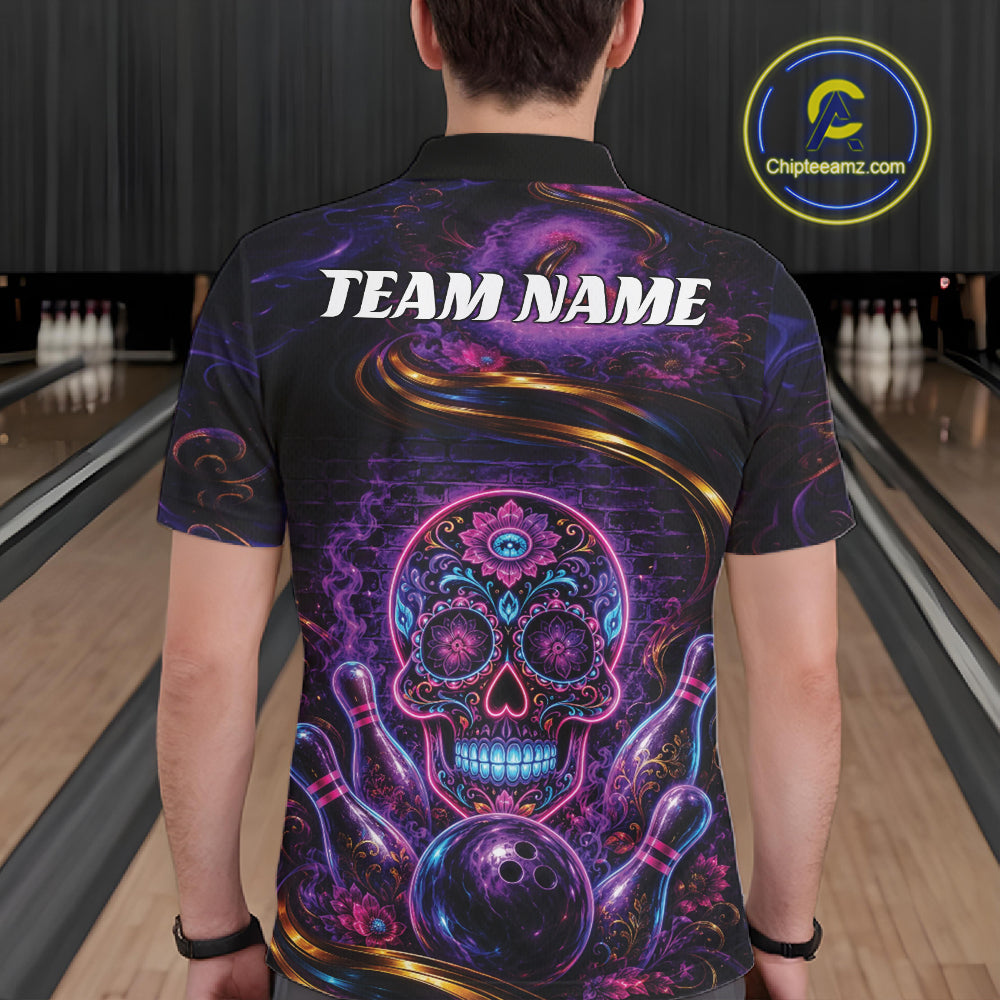 Personalized Purple And Blue Sugar Skull Halloween Bowling Team Men Polo Shirt IPHW11963