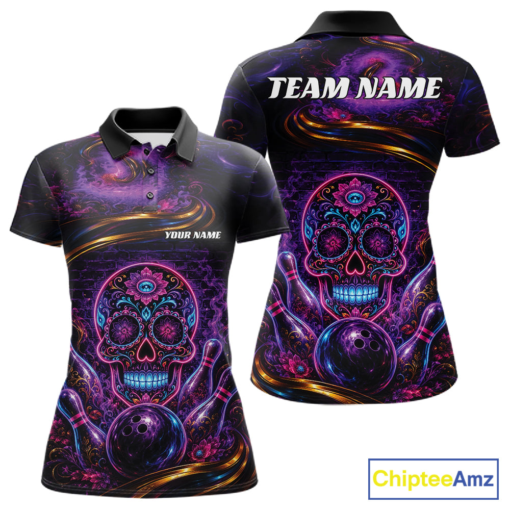 Personalized Purple And Blue Sugar Skull Halloween Bowling Team Women Polo Shirt IPHW11963