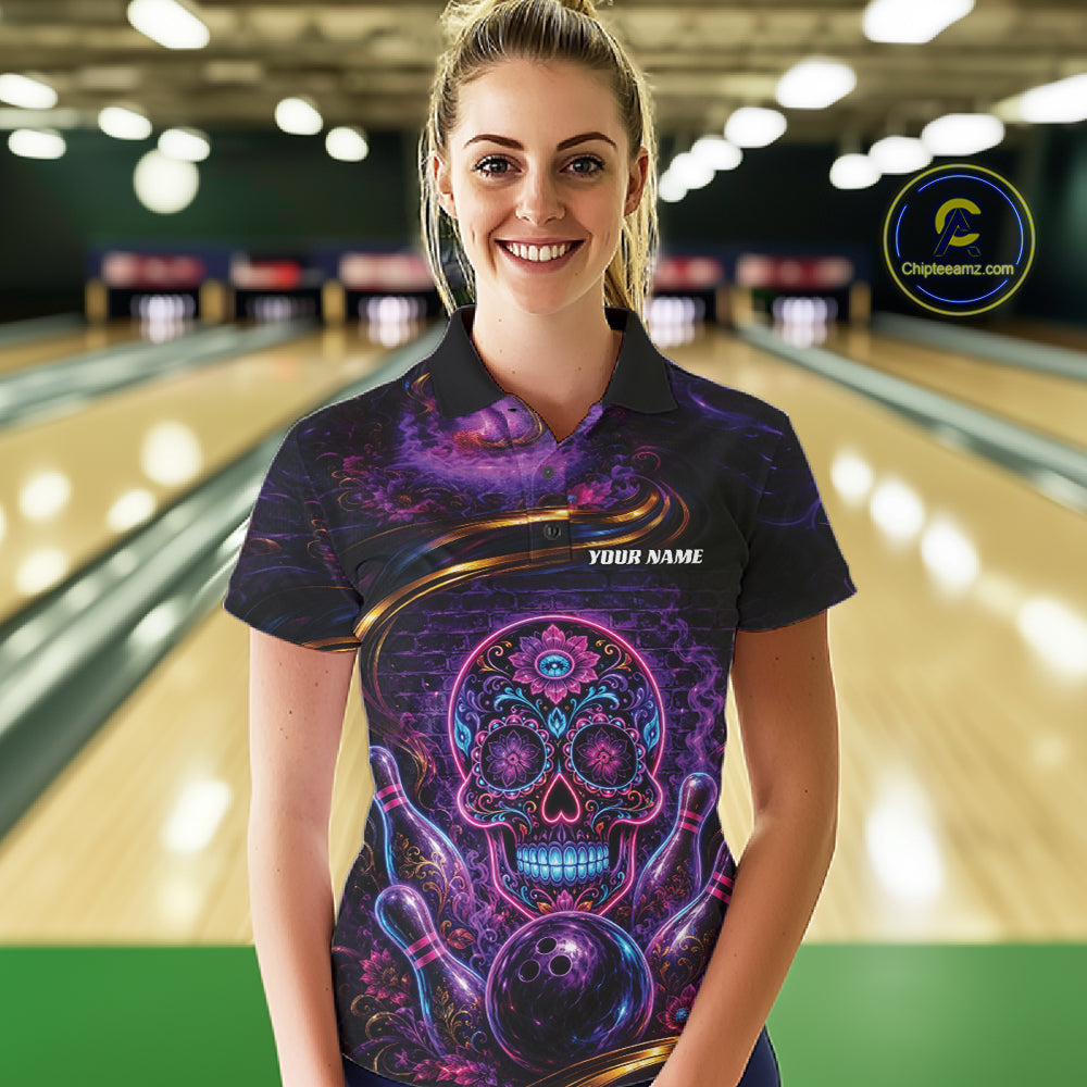 Personalized Purple And Blue Sugar Skull Halloween Bowling Team Women Polo Shirt IPHW11963
