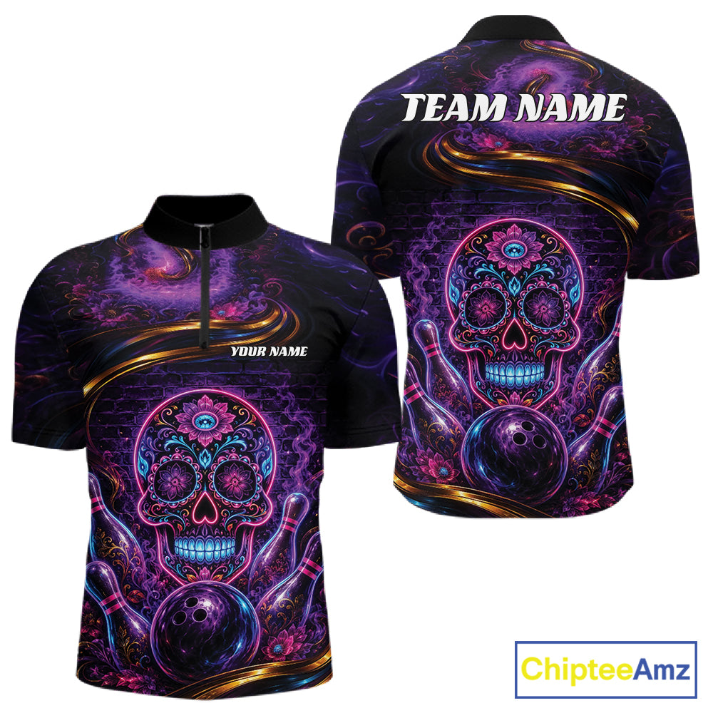 Personalized Purple And Blue Sugar Skull Halloween Bowling Team Men Quarter Zip Shirt IPHW11963