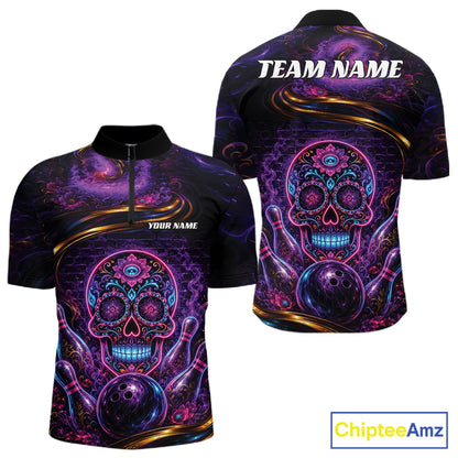 Personalized Purple And Blue Sugar Skull Halloween Bowling Team Men Quarter Zip Shirt IPHW11963
