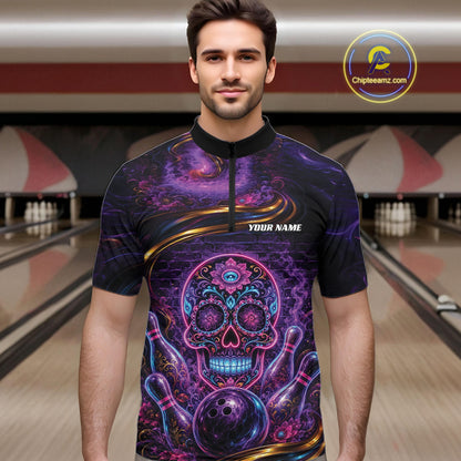 Personalized Purple And Blue Sugar Skull Halloween Bowling Team Men Quarter Zip Shirt IPHW11963