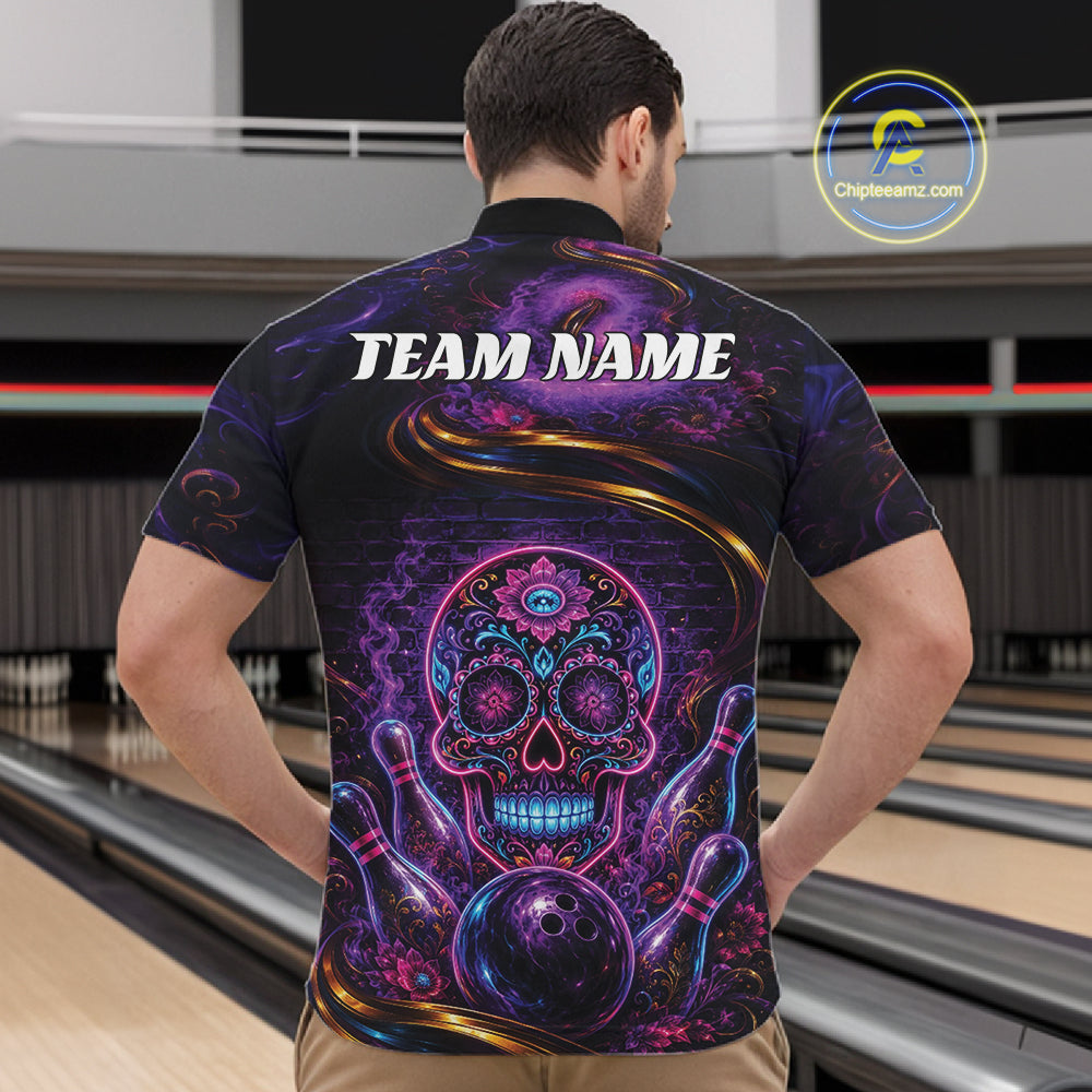 Personalized Purple And Blue Sugar Skull Halloween Bowling Team Men Quarter Zip Shirt IPHW11963