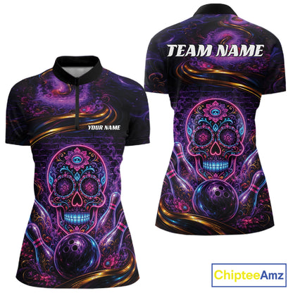 Personalized Purple And Blue Sugar Skull Halloween Bowling Team Women Quarter-Zip Shirt IPHW11963