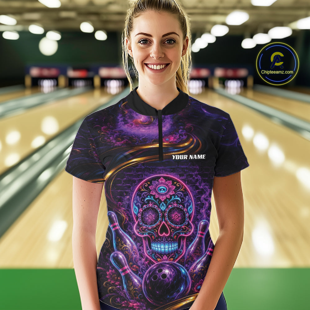 Personalized Purple And Blue Sugar Skull Halloween Bowling Team Women Quarter-Zip Shirt IPHW11963