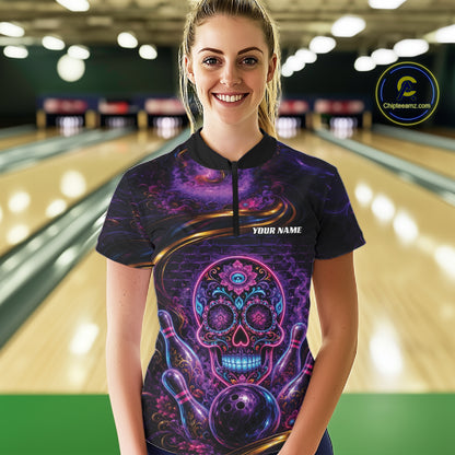 Personalized Purple And Blue Sugar Skull Halloween Bowling Team Women Quarter-Zip Shirt IPHW11963