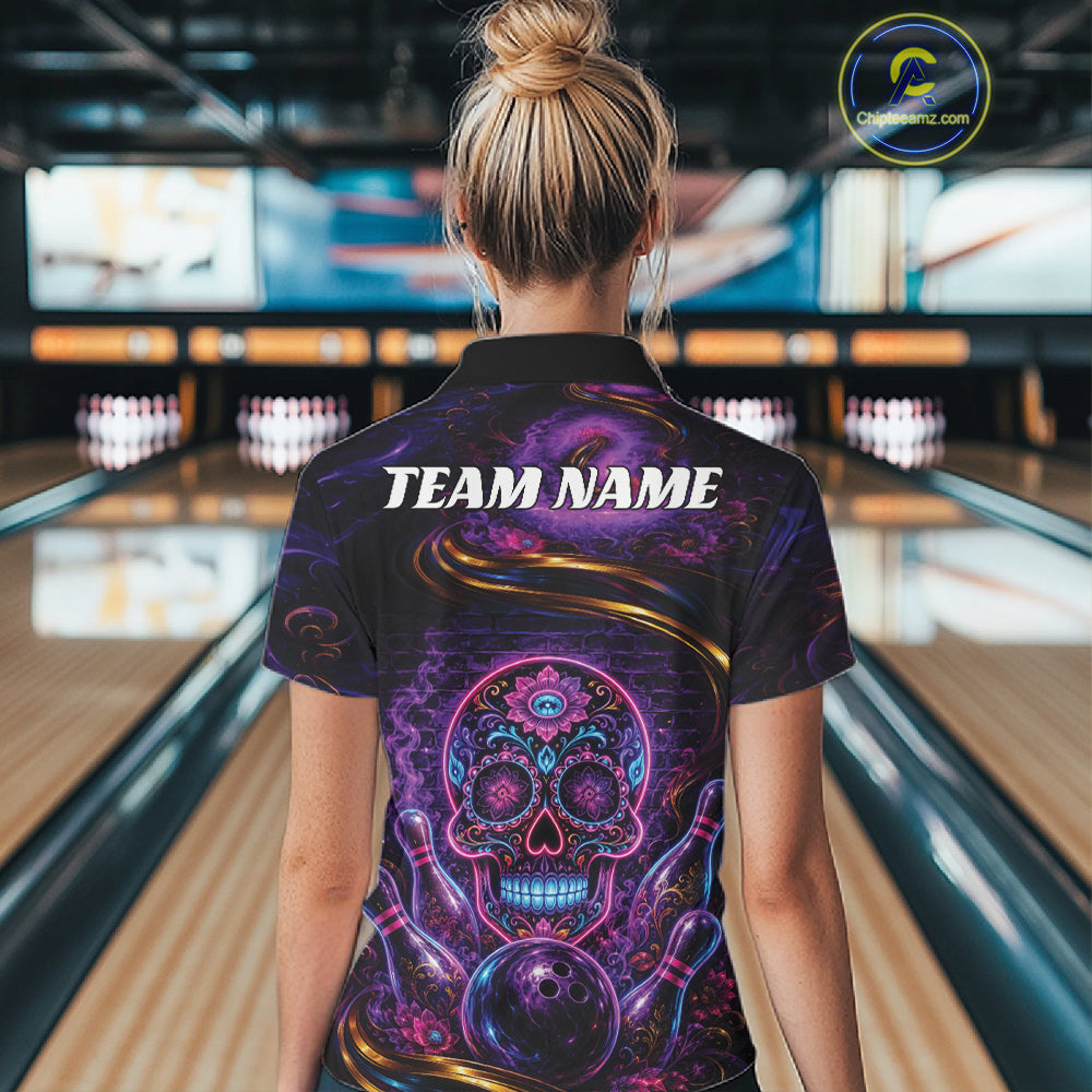 Personalized Purple And Blue Sugar Skull Halloween Bowling Team Women Quarter-Zip Shirt IPHW11963