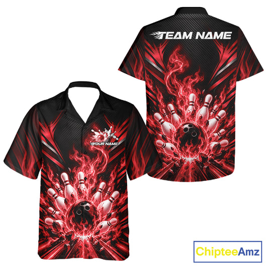Custom Red Flame Bowling Jersey, Matching Bowling League Men And Women Button Up Shirt For Team IPHW12298