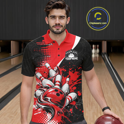 Custom Black And Red Splatter Bowling Jersey Bowling Tournament Men Polo Shirt IPHW12778