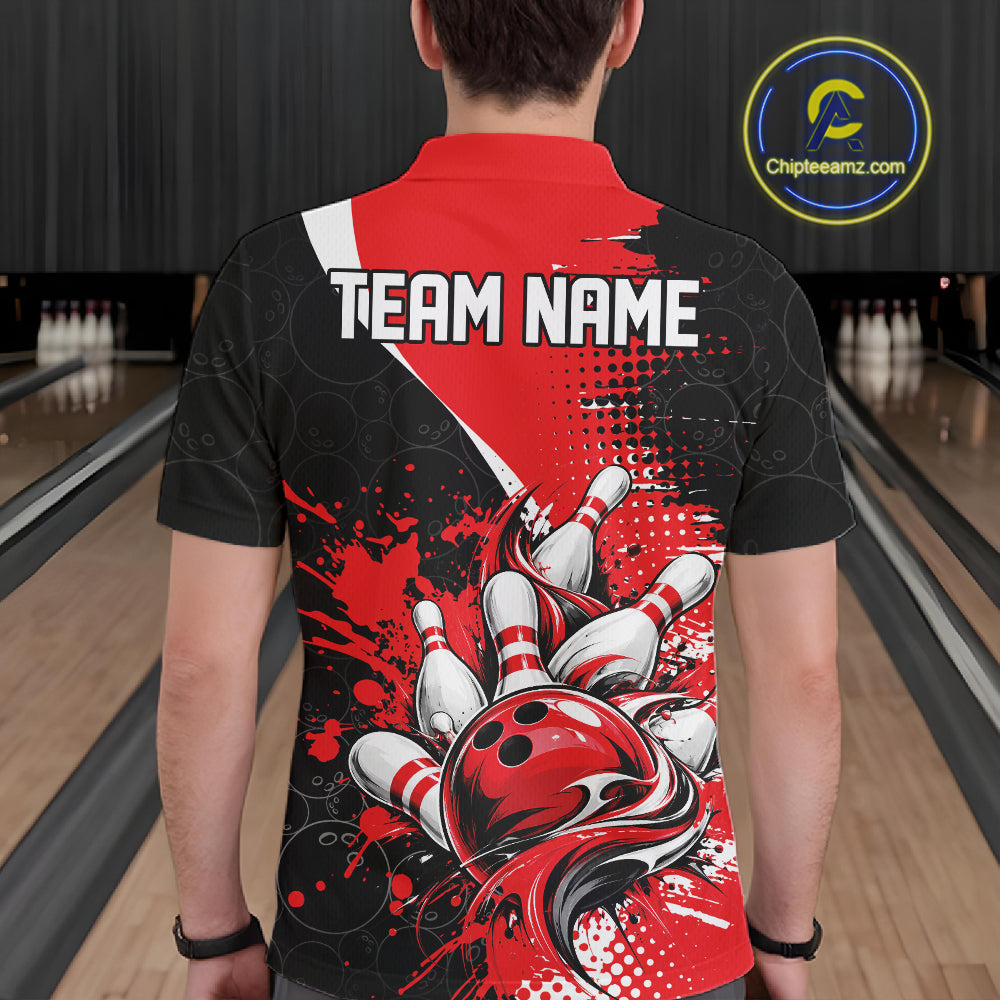 Custom Black And Red Splatter Bowling Jersey Bowling Tournament Men Polo Shirt IPHW12778