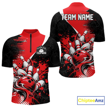 Custom Black And Red Splatter Bowling Jersey Bowling Tournament Men Quarter Zip Shirt IPHW12778