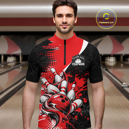 Custom Black And Red Splatter Bowling Jersey Bowling Tournament Men Quarter Zip Shirt IPHW12778