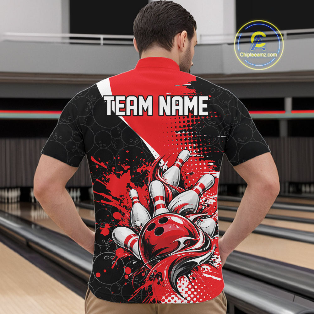 Custom Black And Red Splatter Bowling Jersey Bowling Tournament Men Quarter Zip Shirt IPHW12778