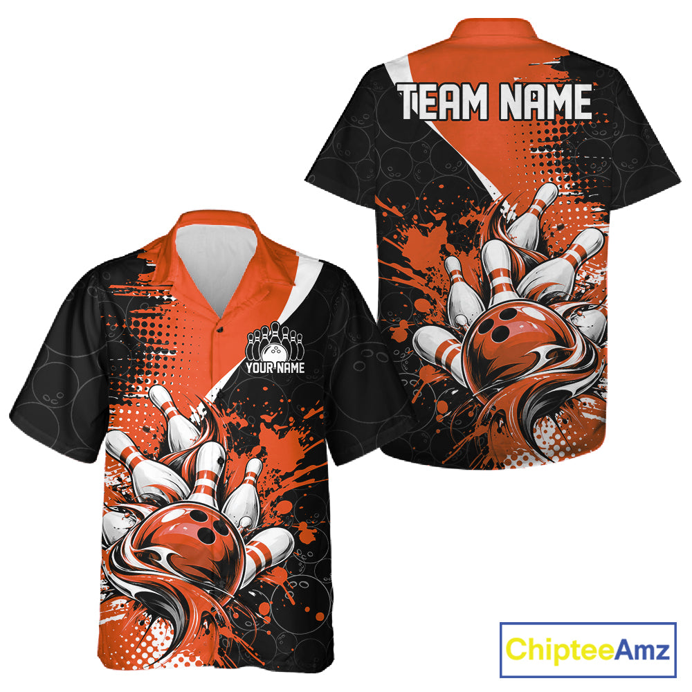 Custom Black And Orange Splatter Bowling Jersey Bowling Tournament Men And Women Button Up Shirt IPHW12779