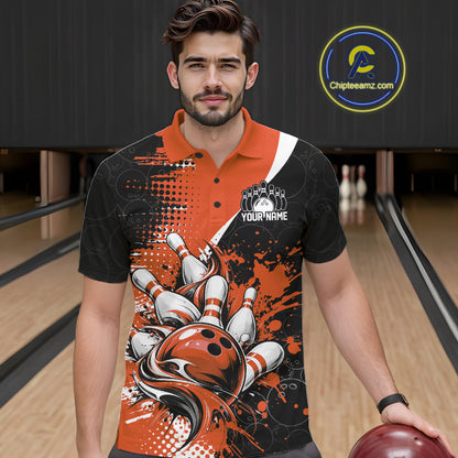 Custom Black And Orange Splatter Bowling Jersey Bowling Tournament Men Polo Shirt IPHW12779
