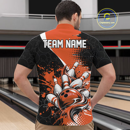 Custom Black And Orange Splatter Bowling Jersey Bowling Tournament Men Quarter Zip Shirt IPHW12779