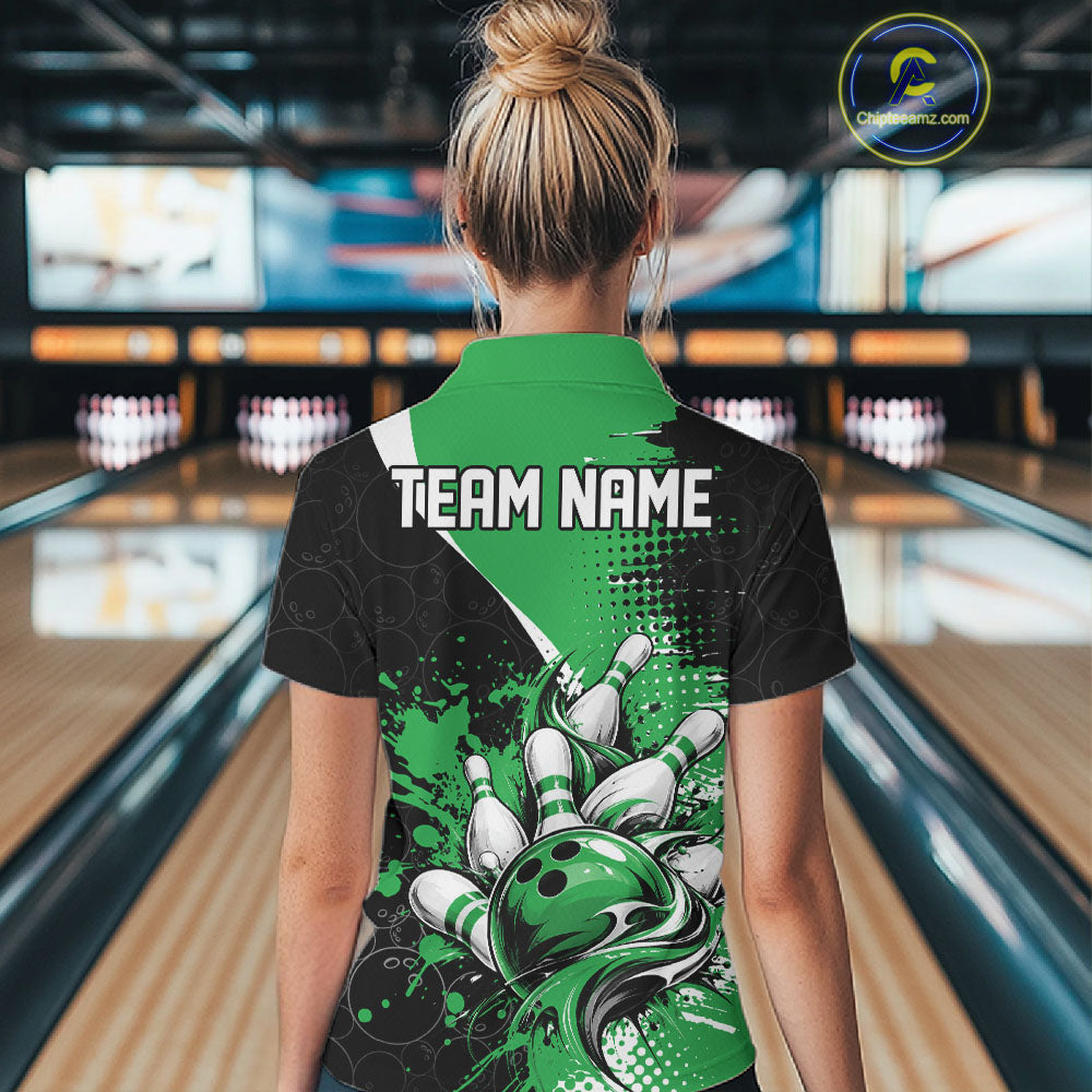 Custom Black And Green Splatter Bowling Jersey Bowling Tournament Women Polo Shirt IPHW12781