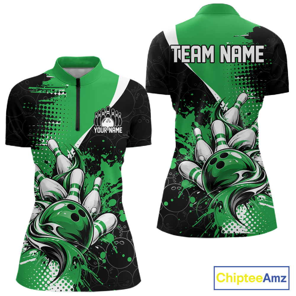Custom Black Green Splatter Bowling Jersey Bowling Tournament Women Quarter-Zip Shirt IPHW12781