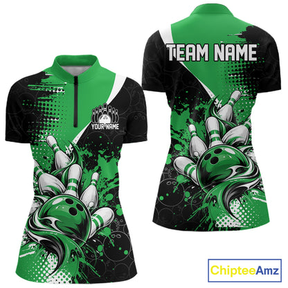 Custom Black Green Splatter Bowling Jersey Bowling Tournament Women Quarter-Zip Shirt IPHW12781