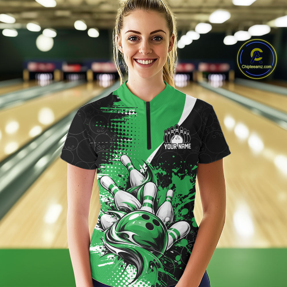 Custom Black Green Splatter Bowling Jersey Bowling Tournament Women Quarter-Zip Shirt IPHW12781