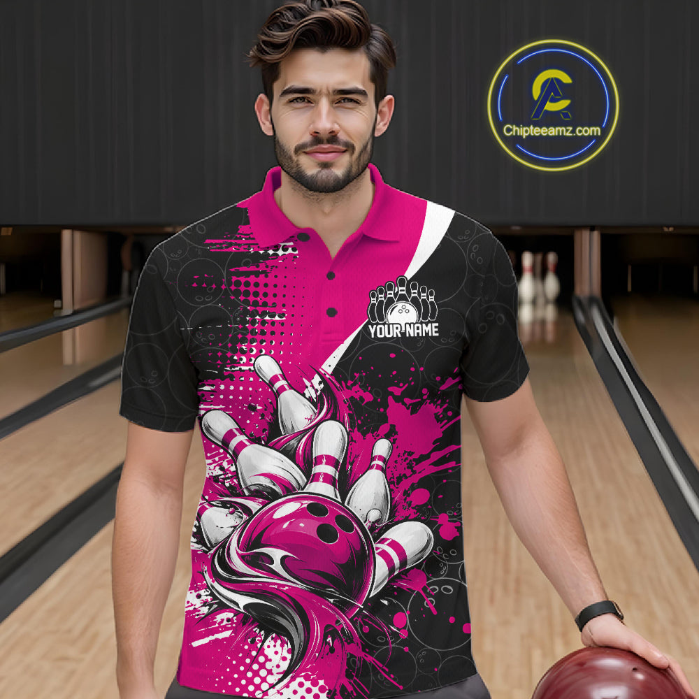 Custom Black And Pink Splatter Bowling Jersey Bowling Tournament Men Polo Shirt IPHW12782