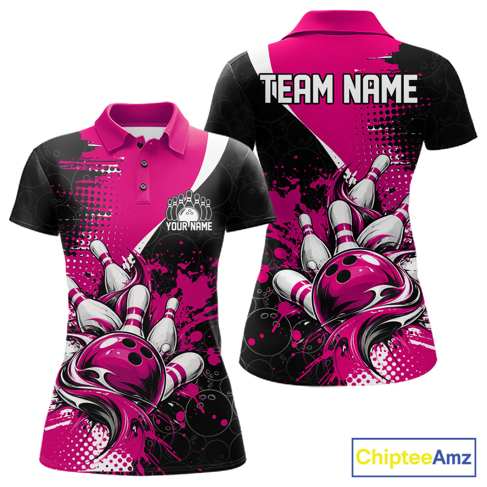 Custom Black And Pink Splatter Bowling Jersey Bowling Tournament Women Polo Shirt IPHW12782