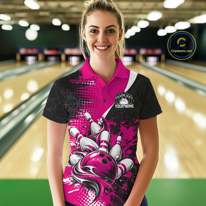 Custom Black And Pink Splatter Bowling Jersey Bowling Tournament Women Polo Shirt IPHW12782