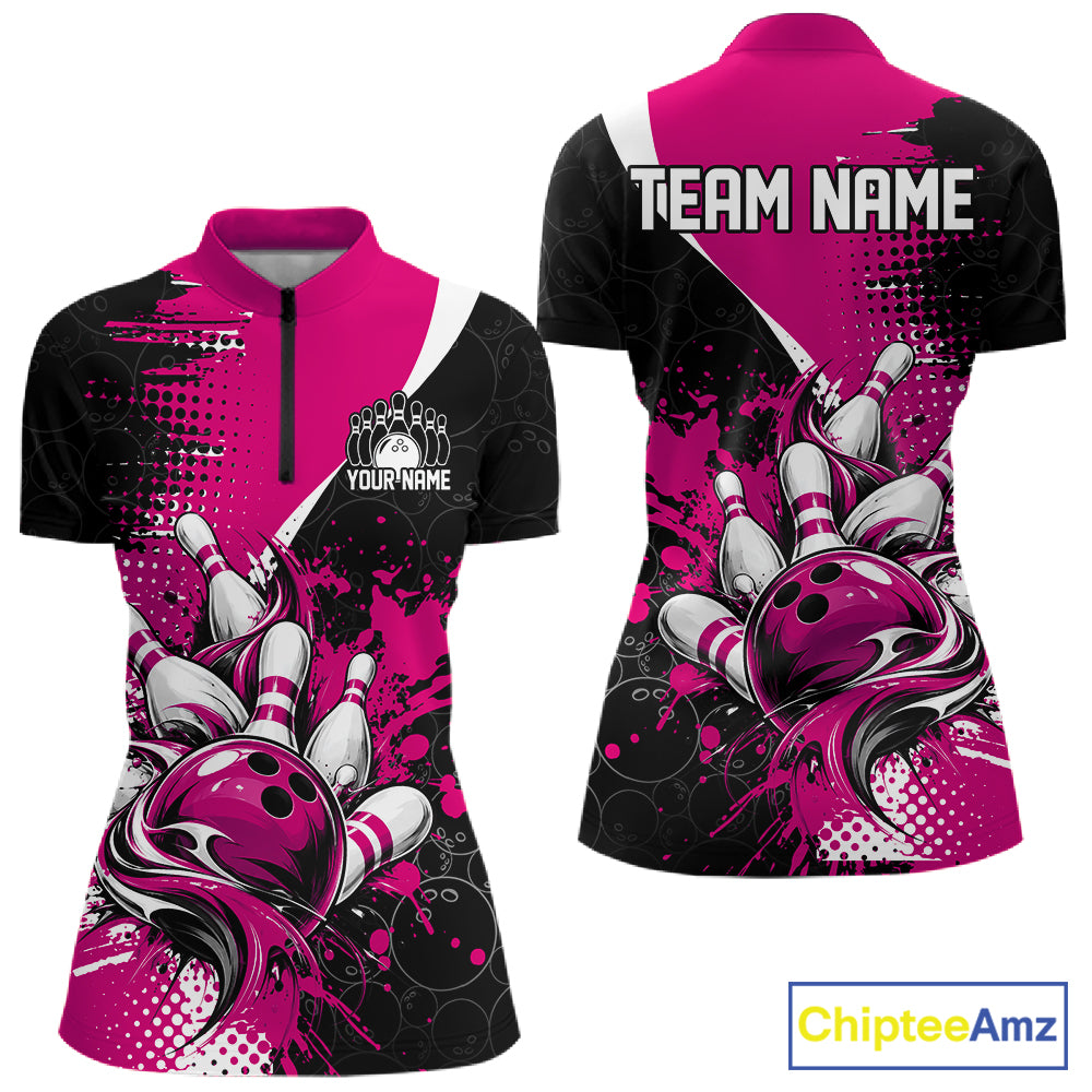 Custom Black And Pink Splatter Bowling Jersey Bowling Tournament Women Quarter-Zip Shirt IPHW12782
