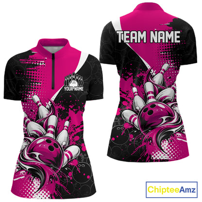 Custom Black And Pink Splatter Bowling Jersey Bowling Tournament Women Quarter-Zip Shirt IPHW12782