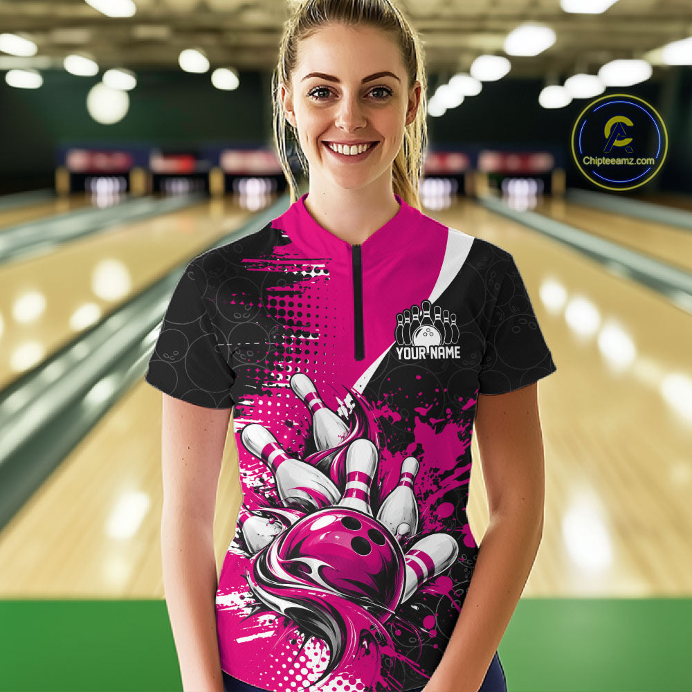 Custom Black And Pink Splatter Bowling Jersey Bowling Tournament Women Quarter-Zip Shirt IPHW12782