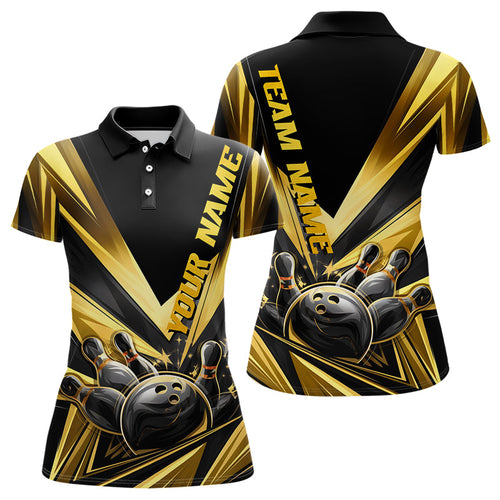 Custom Black And Gold Bowling Jerseys For Women, Bowling Team Polo Shirts With Name IPHW8015