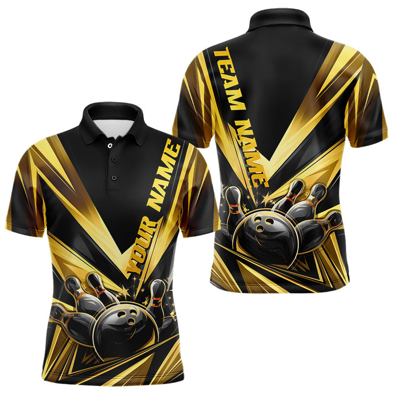 Custom Black And Gold Bowling Jerseys For Men, Bowling Team Polo Shirts With Name IPHW8015
