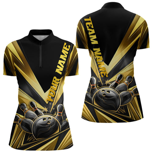 Custom Black And Gold Bowling Jerseys For Women, Bowling Team Quarter-Zip Shirts With Name IPHW8015