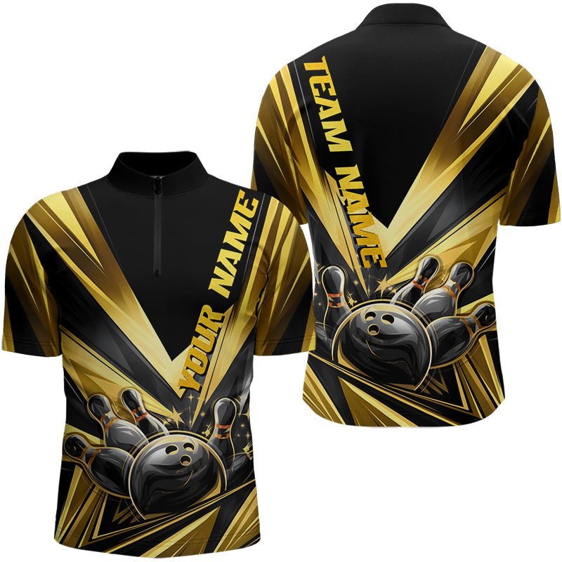 Custom Black And Gold Bowling Jerseys For Men, Bowling Team Quarter-Zip Shirts With Name IPHW8015