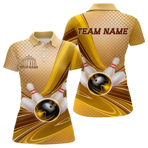 Custom Black And Gold Bowling Polo Shirts For Women, Mens Bowling Uniform IPHW8018