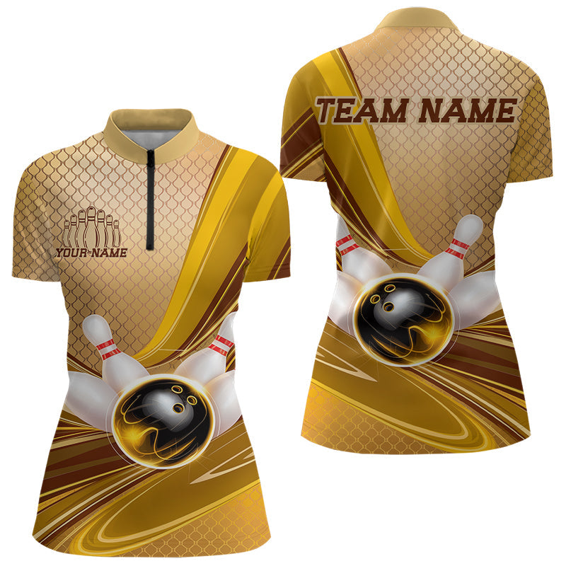 Custom Black And Gold Bowling Quarter-Zip Shirts For Women, Mens Bowling Uniform IPHW8018