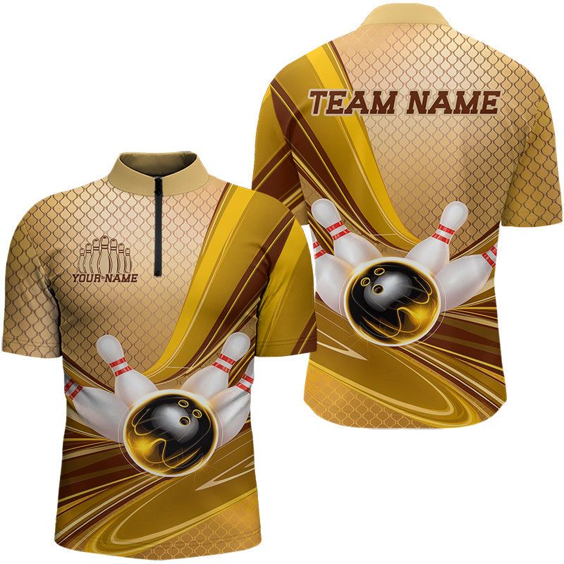 Custom Black And Gold Bowling Quarter-Zip Shirts For Men, Mens Bowling Uniform IPHW8018