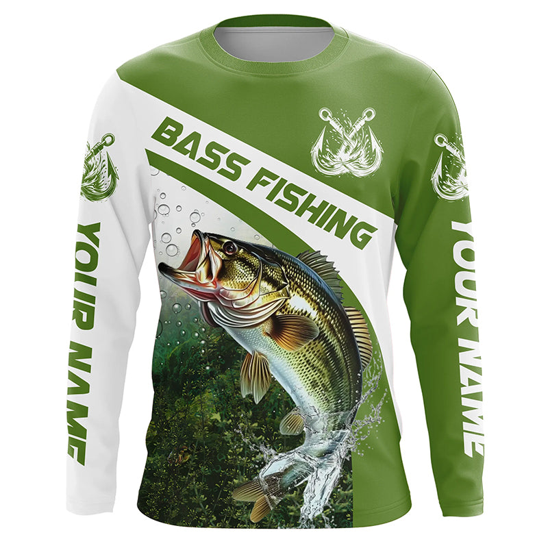 Custom Bass Fishing Long Sleeve Tournament Fishing Shirts, Bass Performance Fishing Jerseys | Green IPHW5803