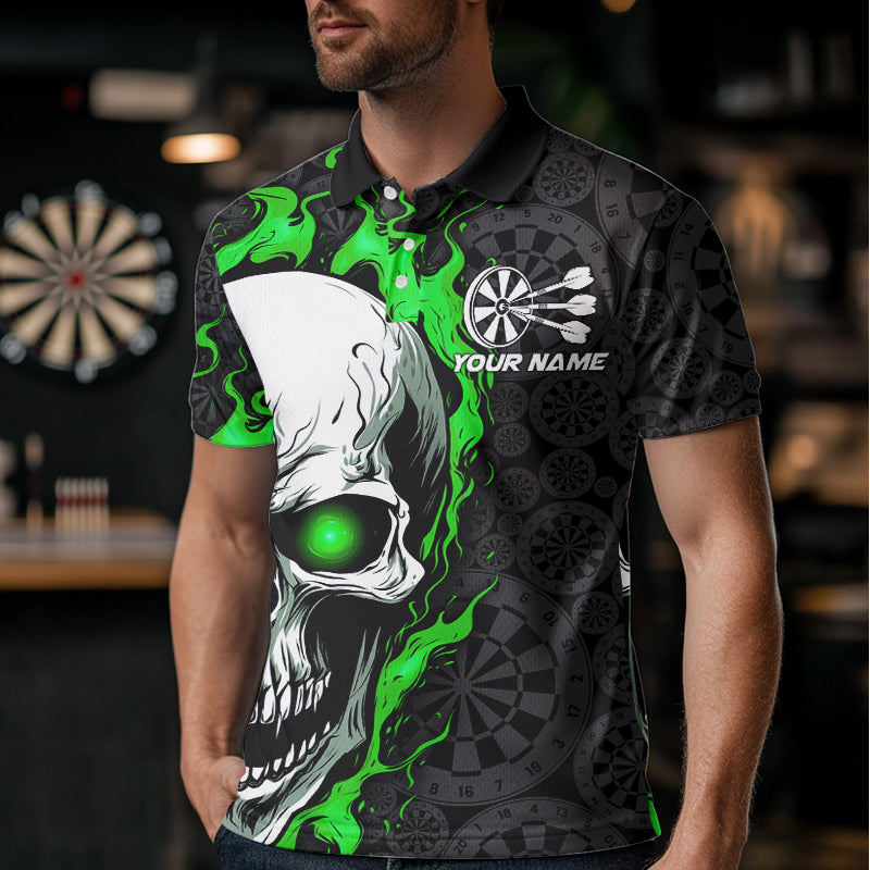 Black And Green Flame Skull Custom Dart Polo Shirts For Men, Fire Dart Team Jerseys IPHW8496