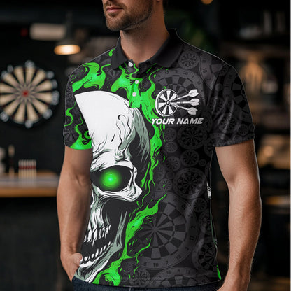 Black And Green Flame Skull Custom Dart Polo Shirts For Men, Fire Dart Team Jerseys IPHW8496