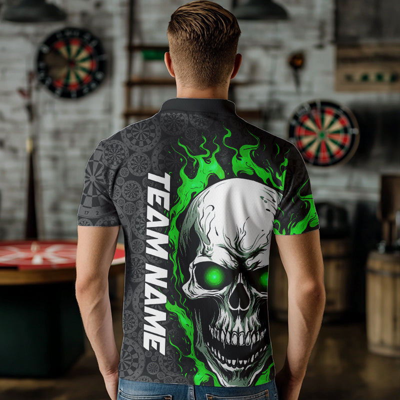 Black And Green Flame Skull Custom Dart Polo Shirts For Men, Fire Dart Team Jerseys IPHW8496