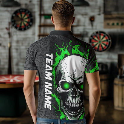Black And Green Flame Skull Custom Dart Polo Shirts For Men, Fire Dart Team Jerseys IPHW8496