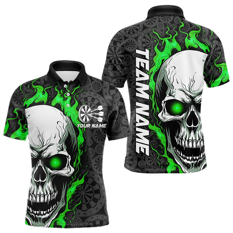 Black And Green Flame Skull Custom Dart Polo Shirts For Men, Fire Dart Team Jerseys IPHW8496