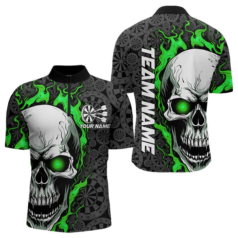 Black And Green Flame Skull Custom Dart Quarter-Zip Shirts For Men, Fire Dart Team Jerseys IPHW8496