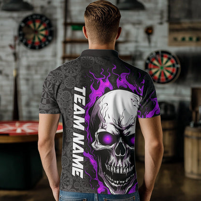 Black And Purple Flame Skull Custom Dart Polo Shirts For Men, Fire Dart Team Jerseys IPHW8497